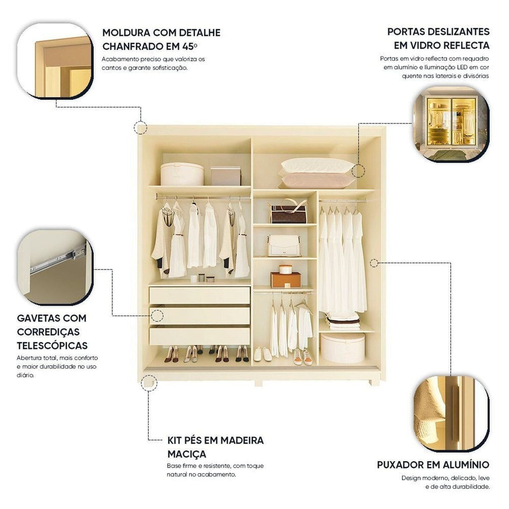 Guarda-Roupa Casal 2 Portas Reflecta com Pés e LED 100% MDF Platinum Gelius Móveis Bege/Off White