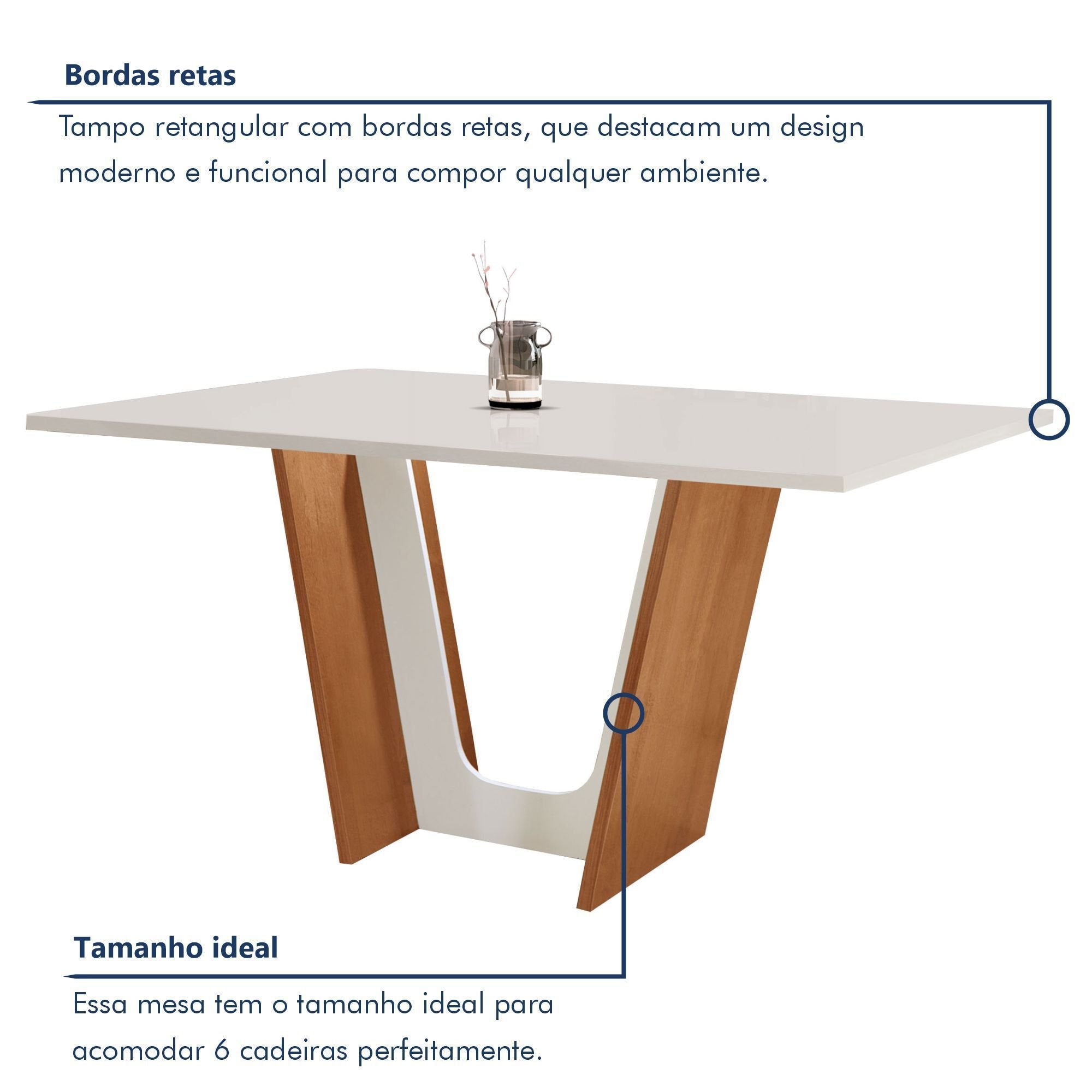Conjunto Sala de Jantar Mesa Tampo Dakota Plus 160x80cm com 6 Cadeiras Luisa Yescasa