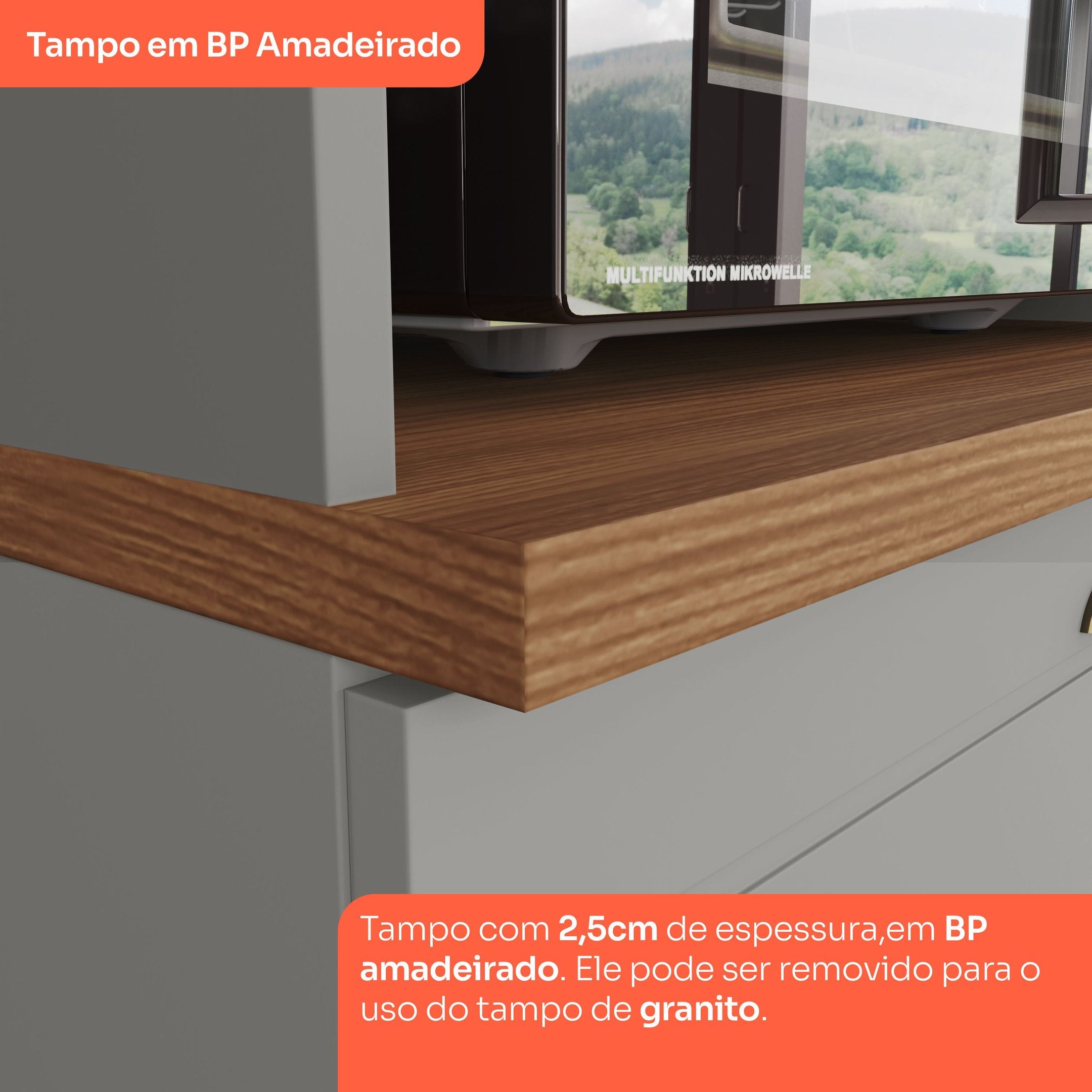 Cozinha Compacta 2 Peças 100% MDF com Balcão Pia e Tampo Cinza/Nature Americana Henn 913398