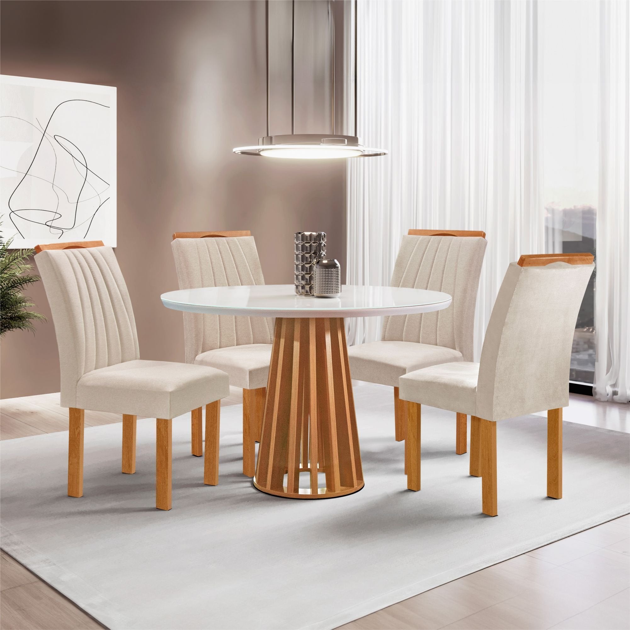 Conjunto Sala de Jantar Mesa Tampo Redondo Vidro Kansas 100cm com 4 Cadeiras Arizona Cel Móveis