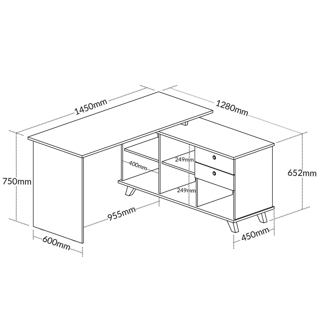 Escrivaninha Retrô em L Mesa Escritório e Home Office 2 Gavetas 5 Nichos 145cm Artany