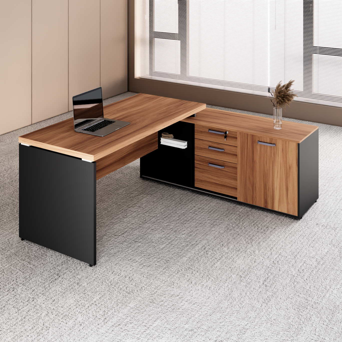 Escrivaninha Mesa Escritório em L com Armário Lateral Pé Painel 150cm Yescasa
