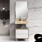Conjunto para Banheiro Bancada em Porcelanato com Cuba Esculpida, Armário e Espelheira Ripy Bumi 60cm Amarelo/Wood