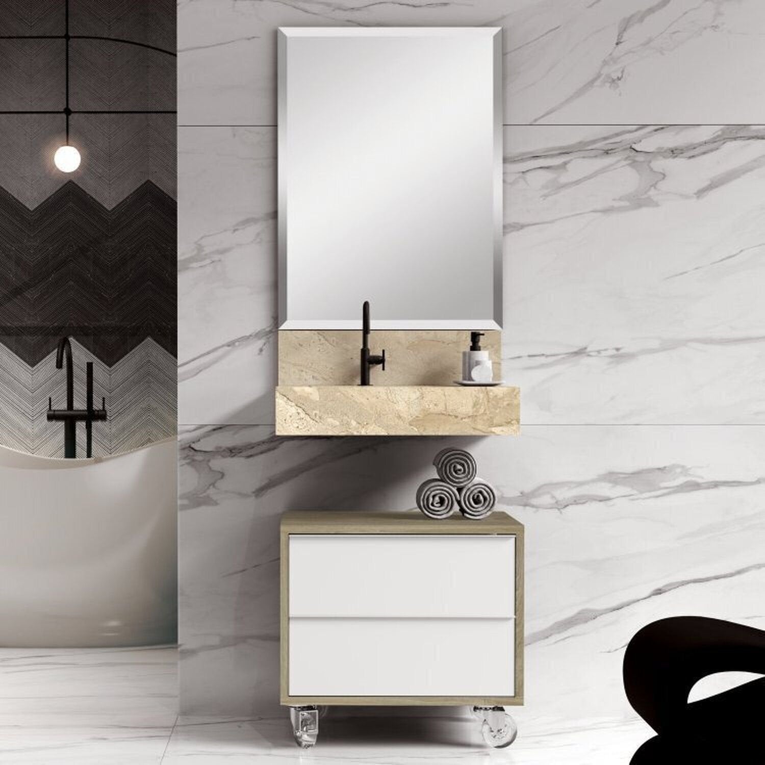 Conjunto para Banheiro Bancada em Porcelanato com Cuba Esculpida, Armário e Espelheira Ripy Bumi 60cm Amarelo/Wood