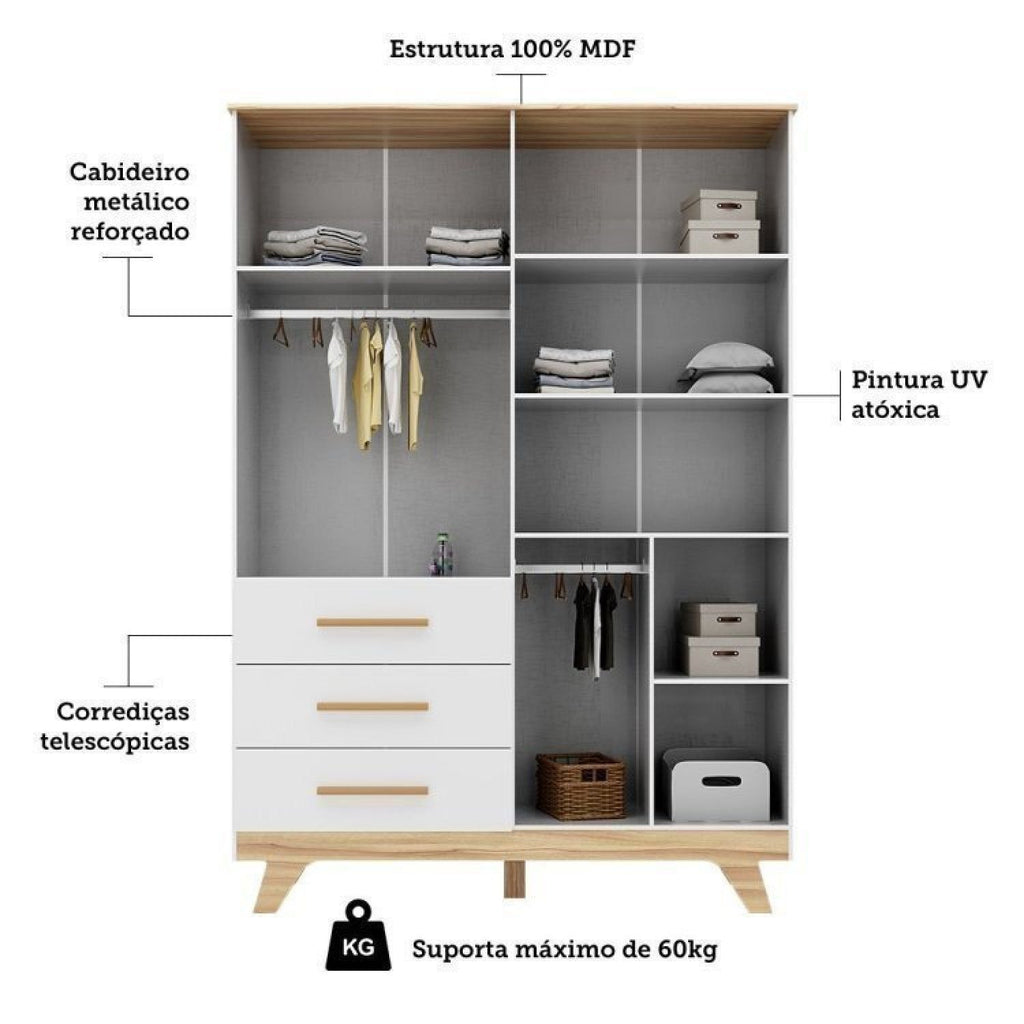Quarto Infantil Completo Guarda-Roupa 4 Portas e Cômoda 1 Porta 100% MDF Kakau Retrô Yescasa