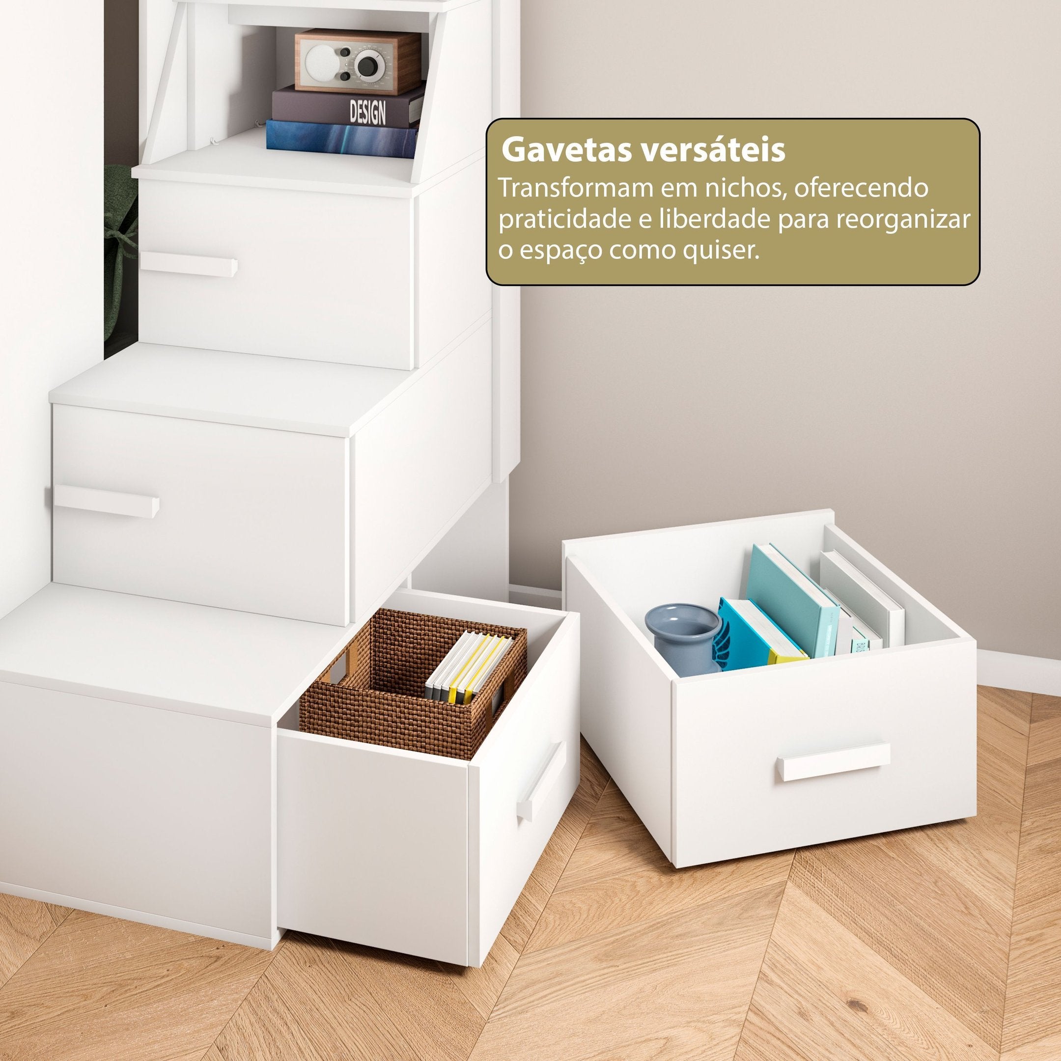 Beliche Office Adulto Moon com Escrivaninha em L Nichos e Escada 2 Portas e 2 Gavetas Yescasa Branco