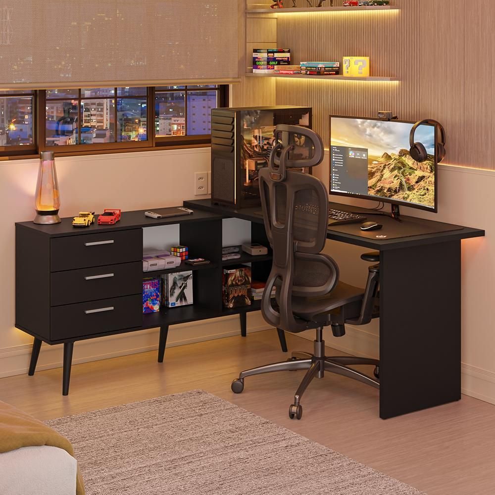 Escrivaninha em L Mesa Gamer 3 Gavetas Lisboa Madesa