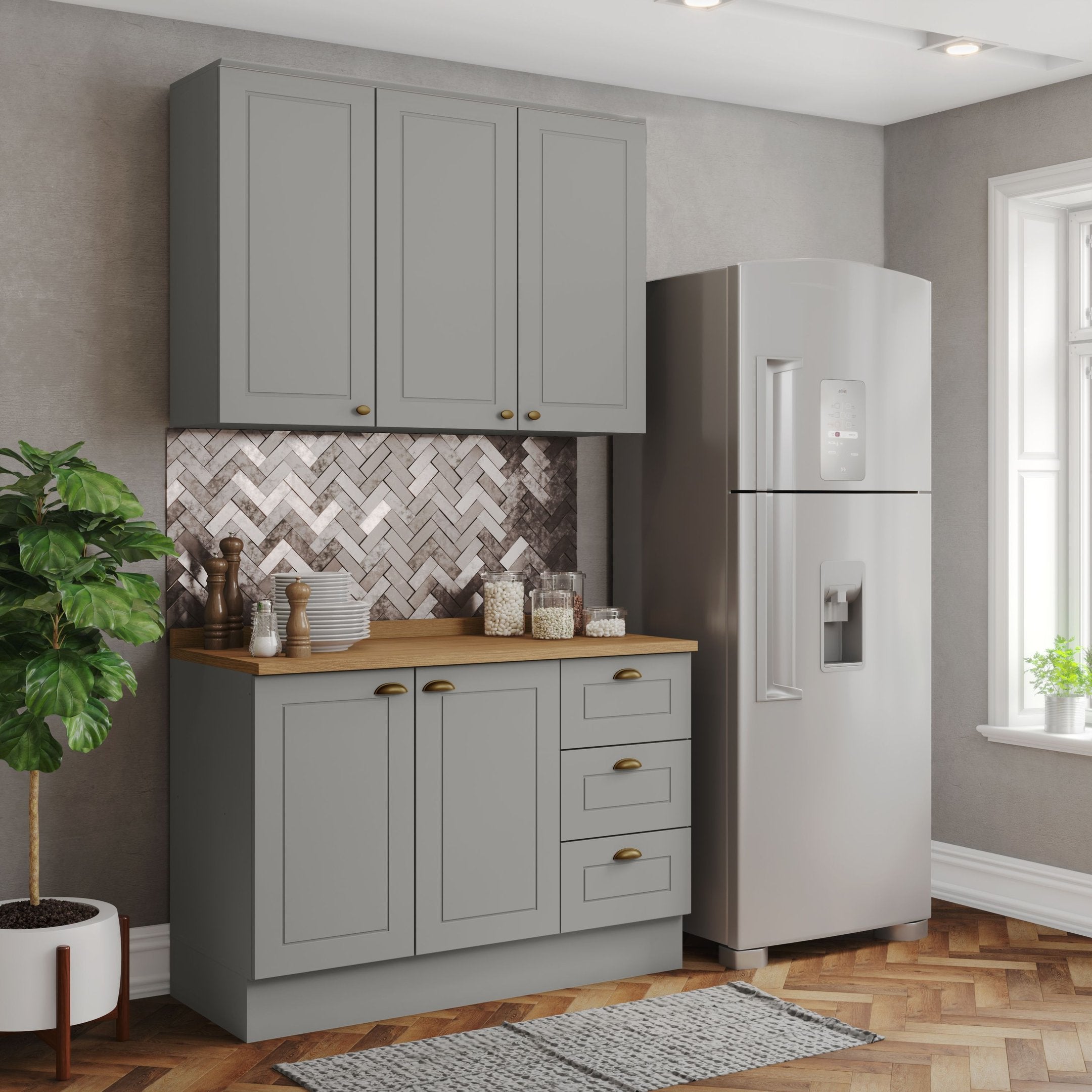 Cozinha Compacta 2 Peças 100% MDF com Balcão Pia e Tampo Cinza/Nature Americana Henn 913398
